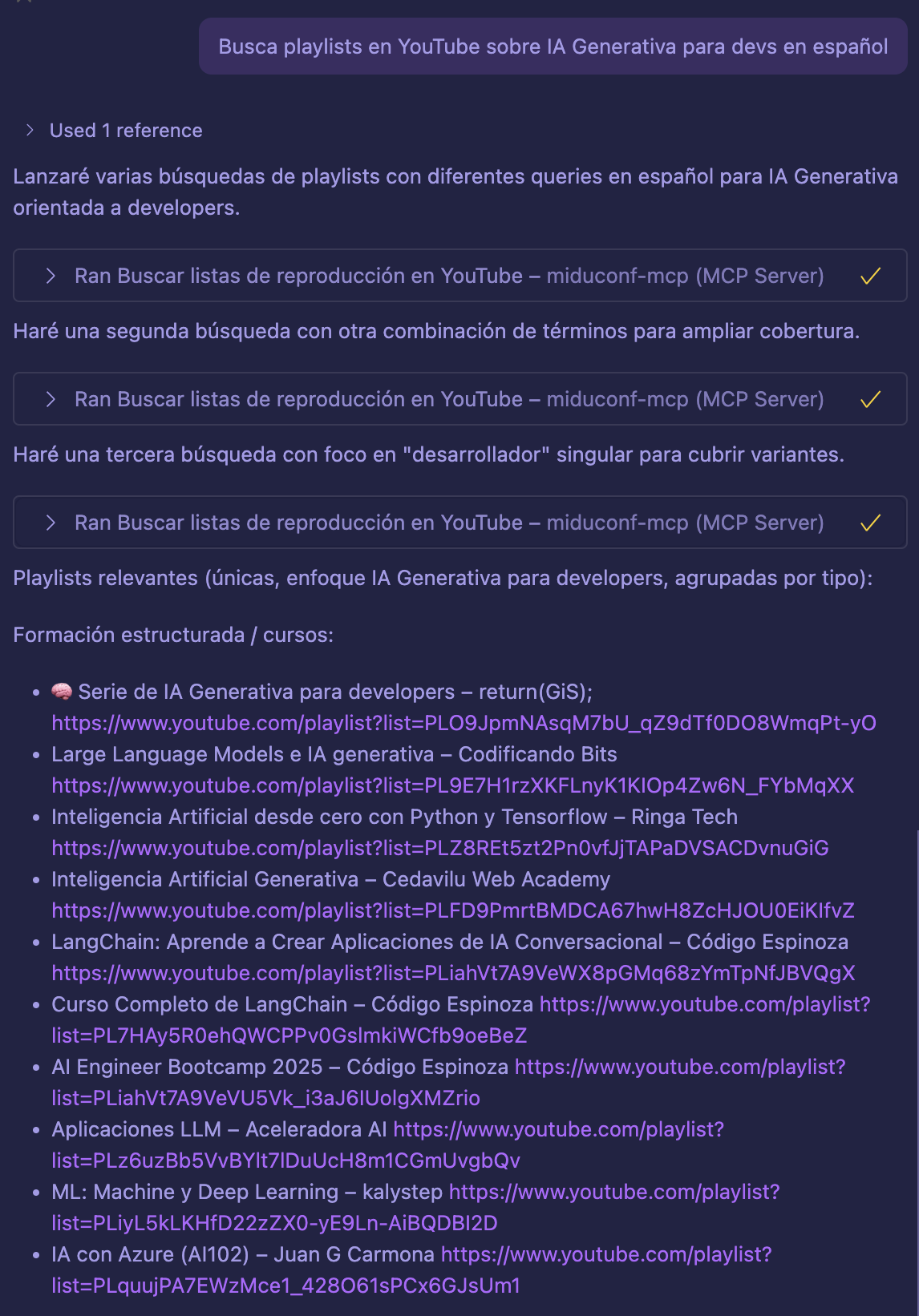 GH Copilot usando la tool de buscar playlists
