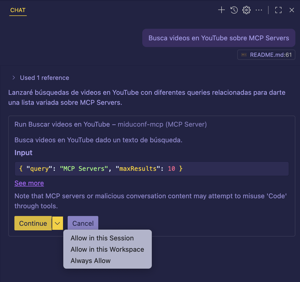 GH Copilot ve que tiene una tool disponible y la quiere usar
