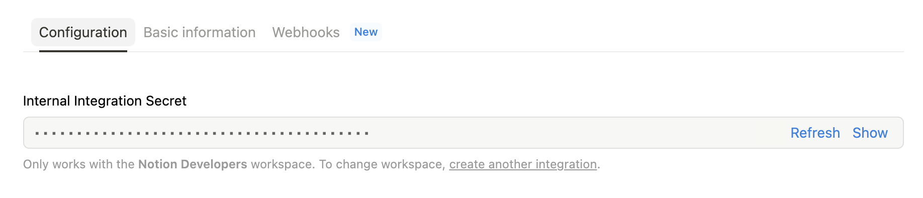 Copying your Integration token from the Configuration tab in the developer portal
