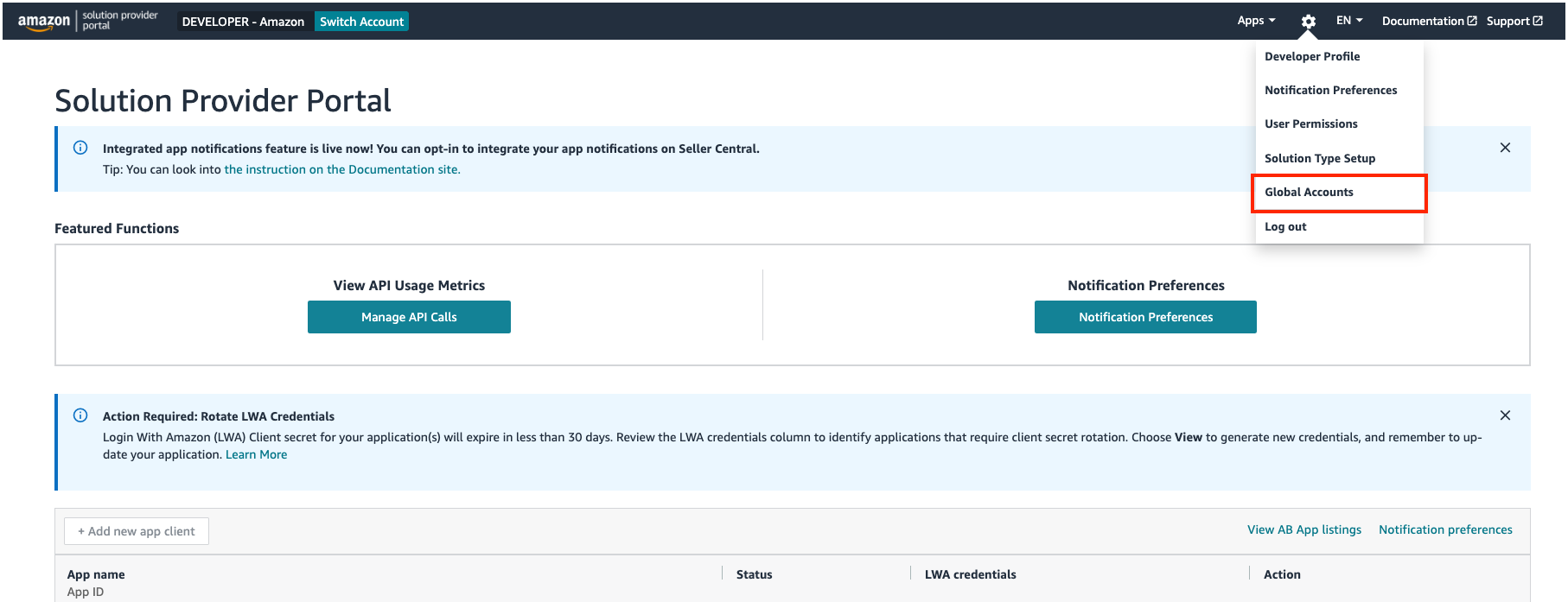 An image showing SPP portal with "Global accounts" menu highlighted.