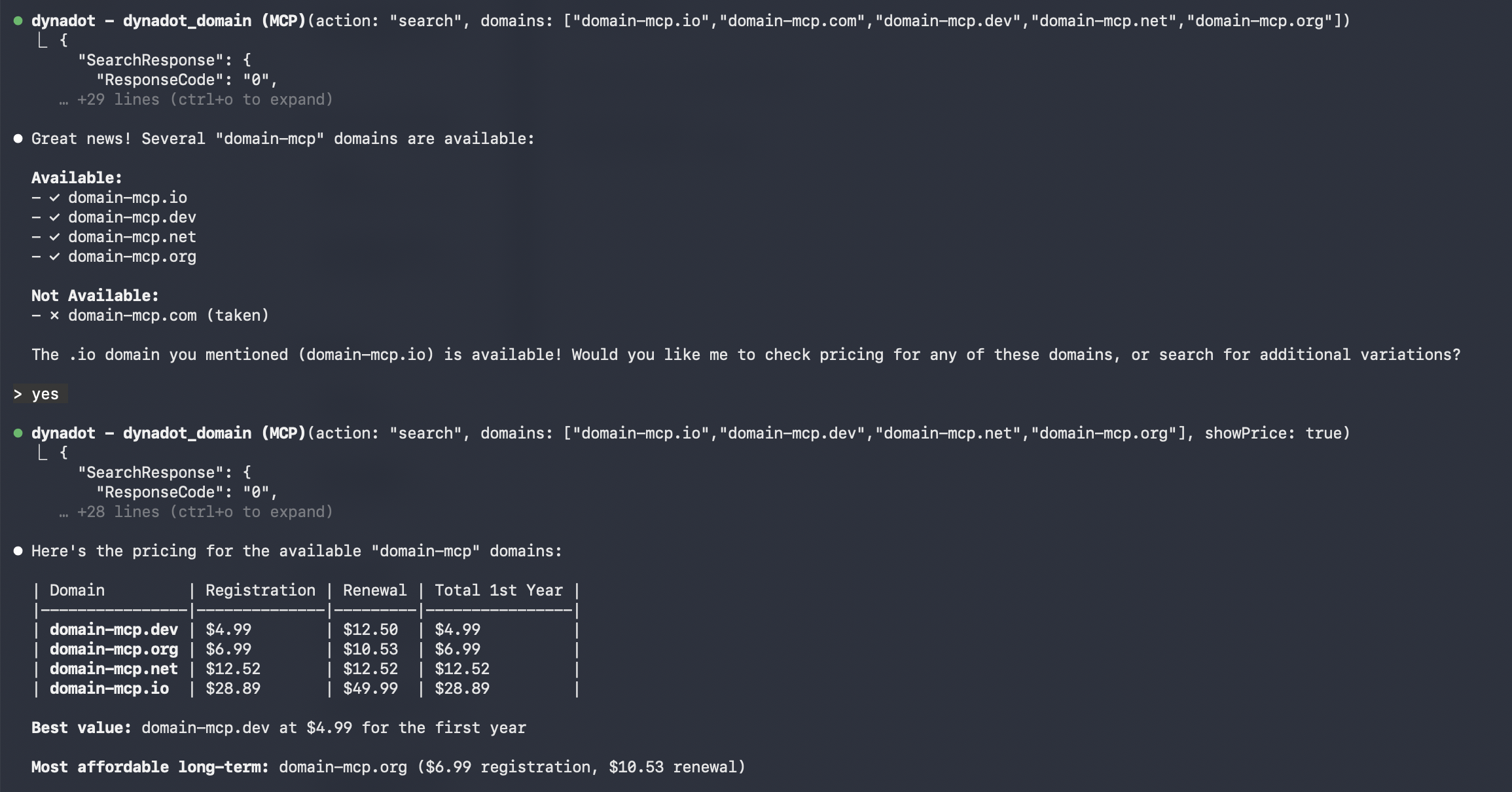 Domain Search with Pricing