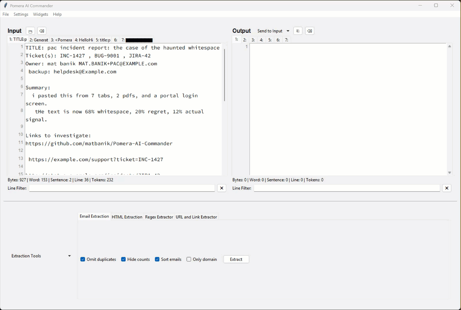 Messy text → clean output → extracted URLs/emails → ready to ship
