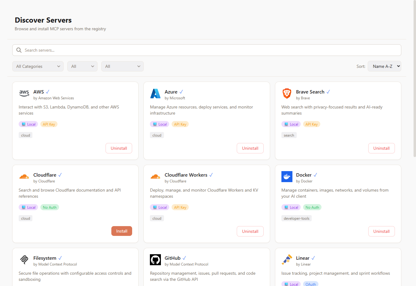 Discover — browse 100+ servers and install with one click