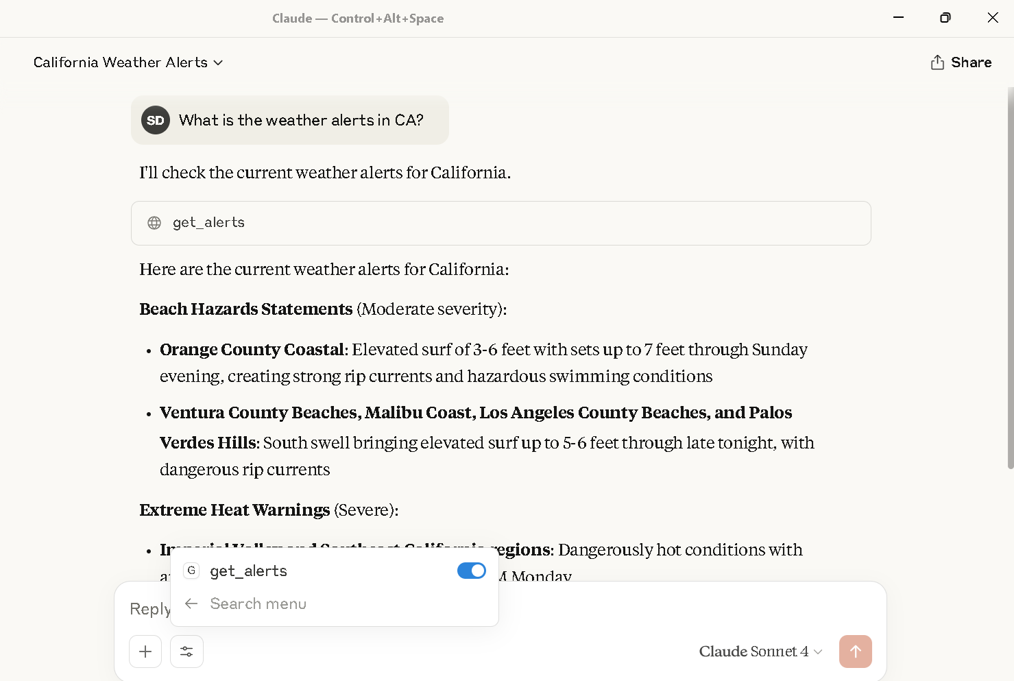 Weather alerts in Claude Desktop
