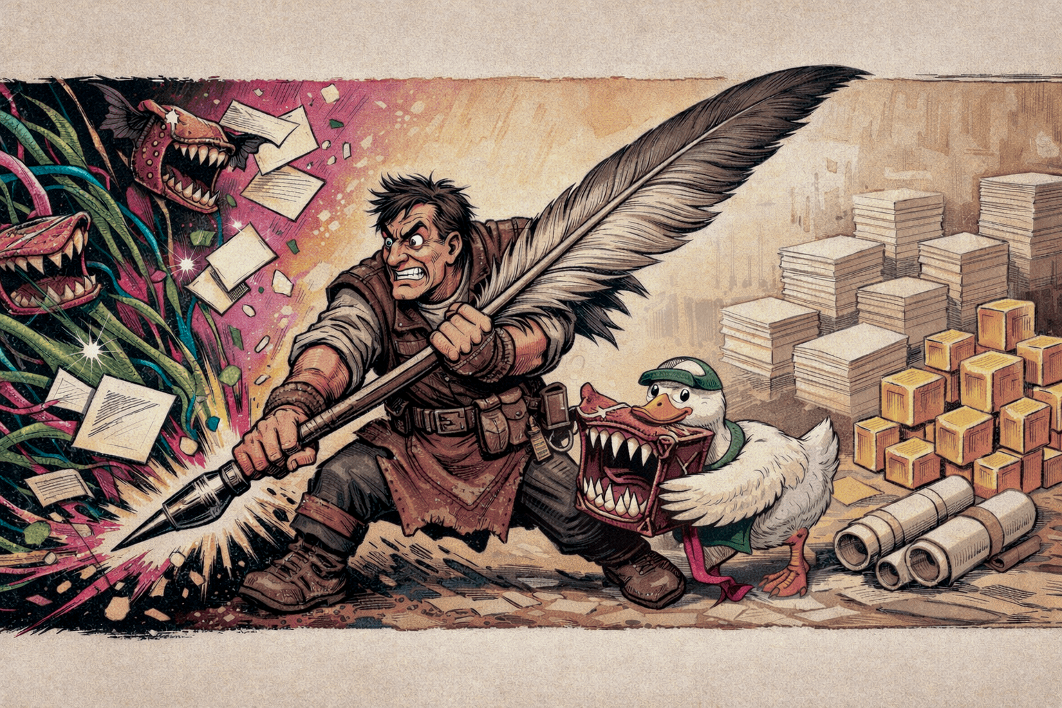 Illustration of a determined scribe wielding a giant quill fighting a tangle of papers and monsters, with a duck in a cap at his side and stacks of documents and crates behind