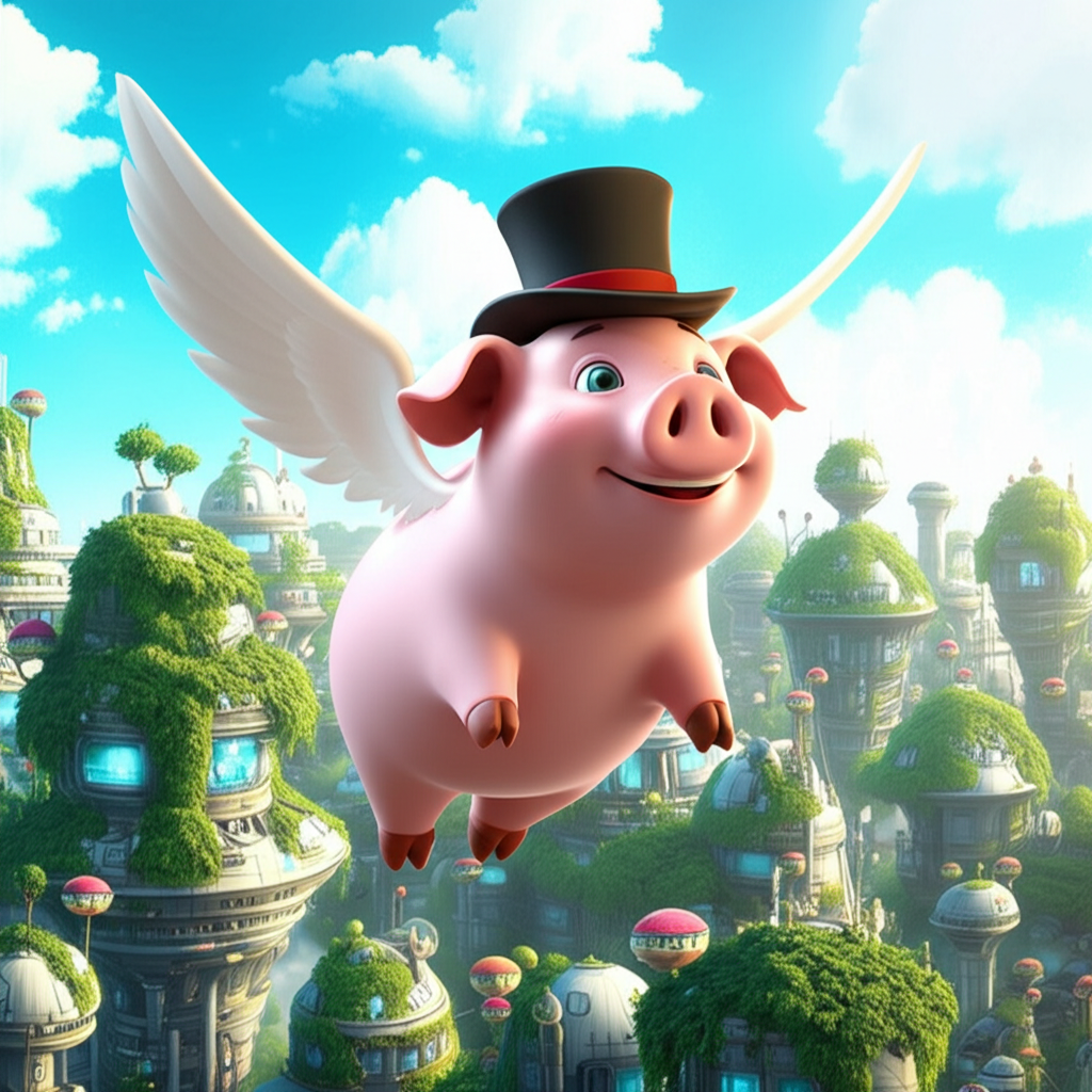 Flying pig over sci-fi city