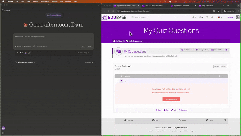 EduBase MCP demo GIF: Claude uploads math questions