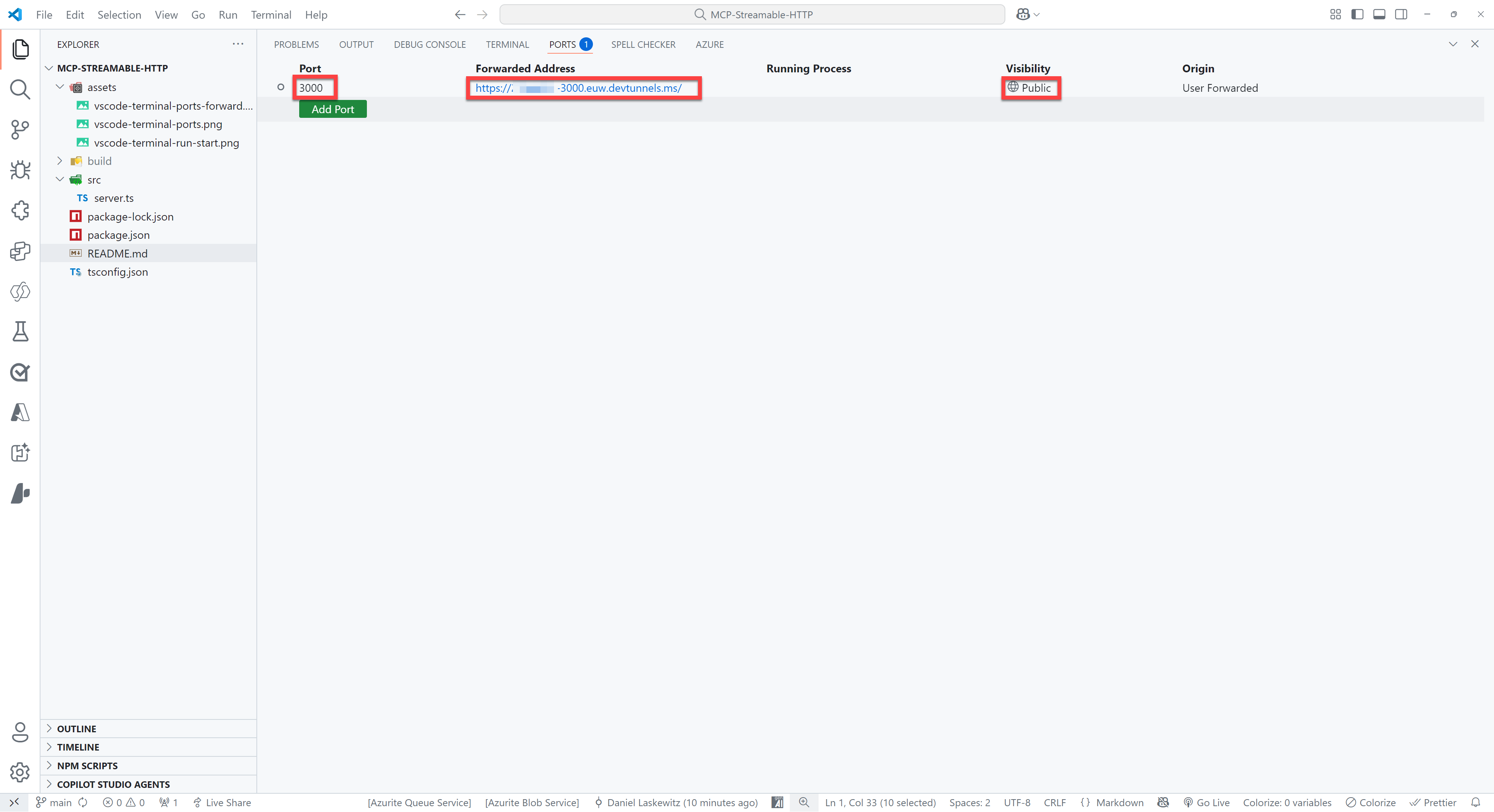 포트, 전달된 주소 및 가시성이 강조된 PORTS 설정 보기