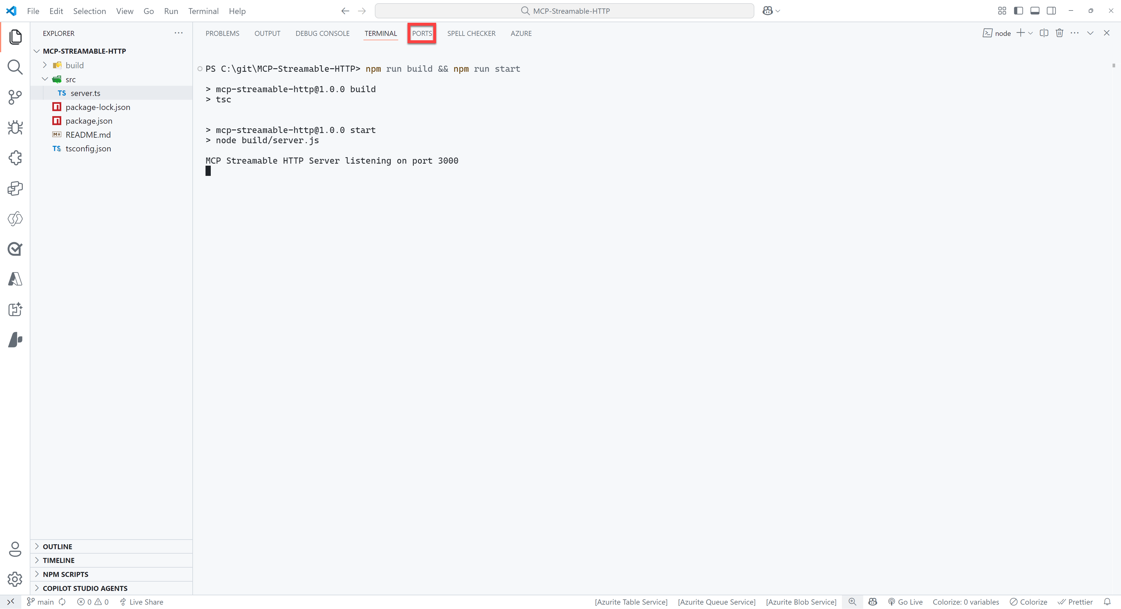 터미널이 열려 있고 PORTS 탭이 강조 표시된 VS Code 이미지