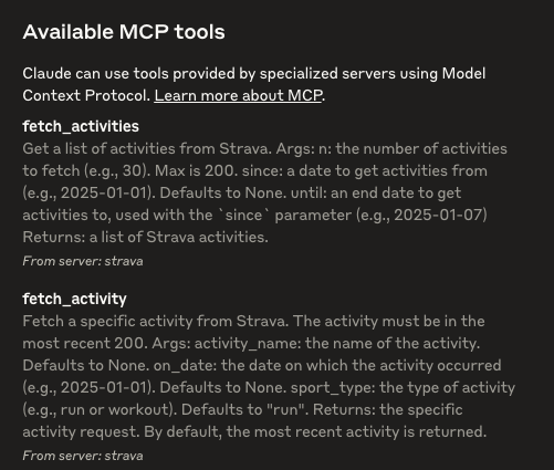 Available MCP tools showing that Strava has been installed