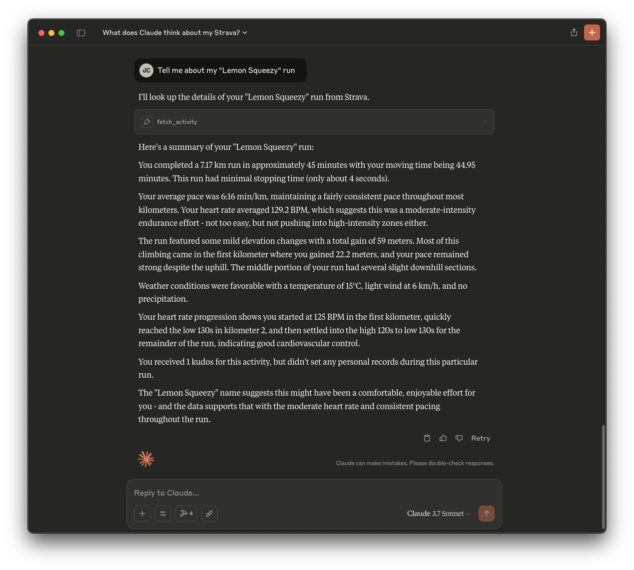 The output of claude when asking about a specific activity