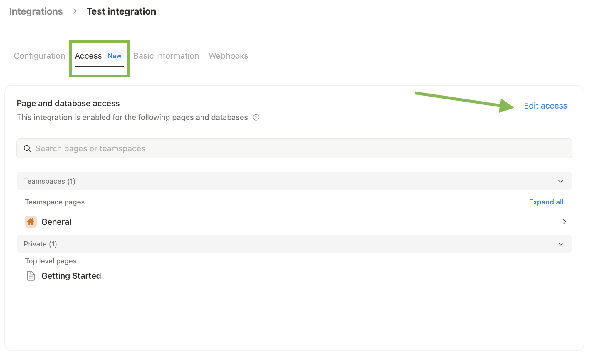 Integration Access tab