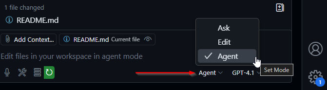 Change GitHub Copilot to Agent Mode