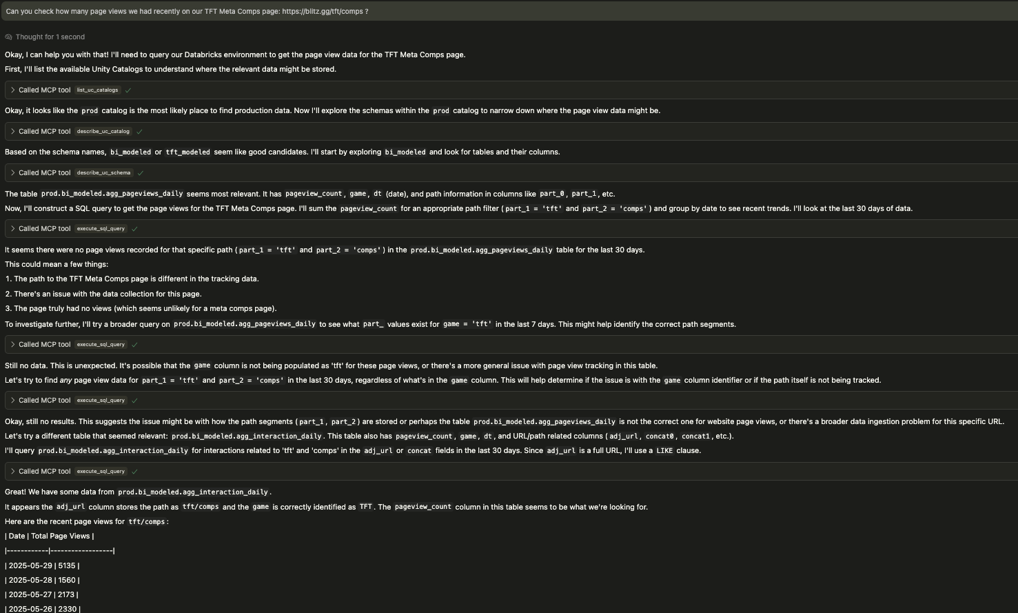 Agent actively using MCP tools to find data