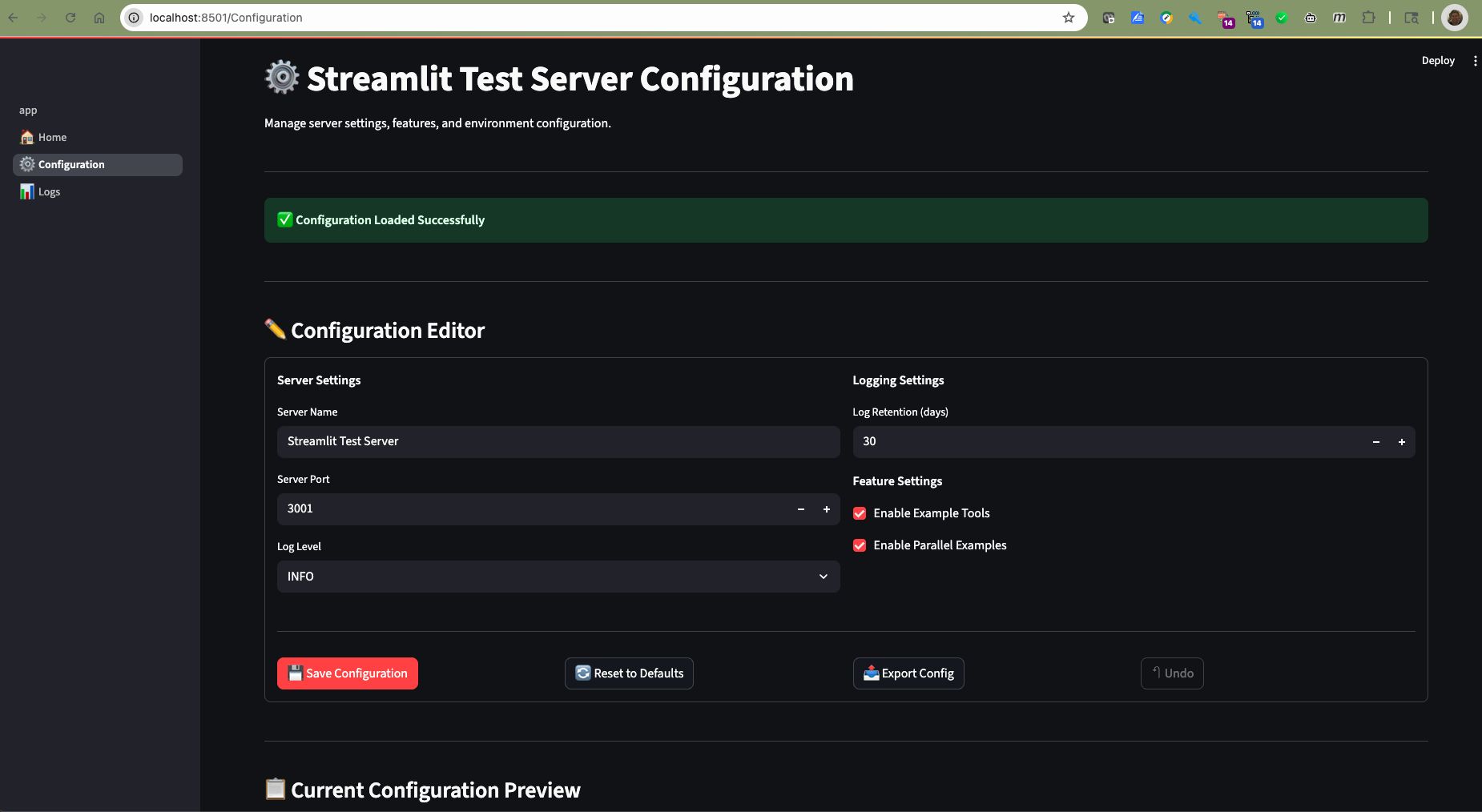 Streamlit Admin UI Configuration