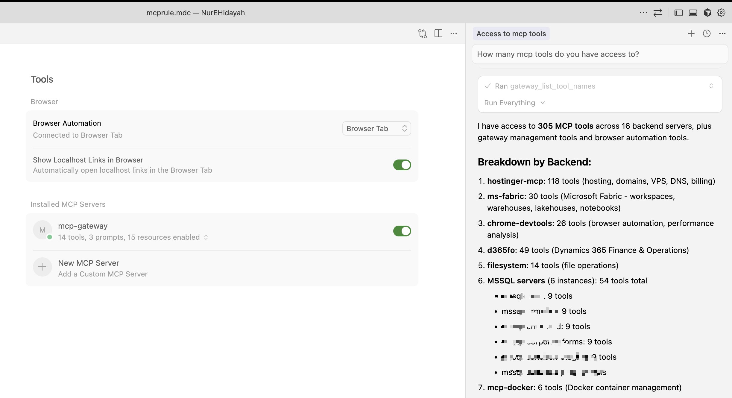 Cursor showing gateway tools providing access to 305 MCP tools