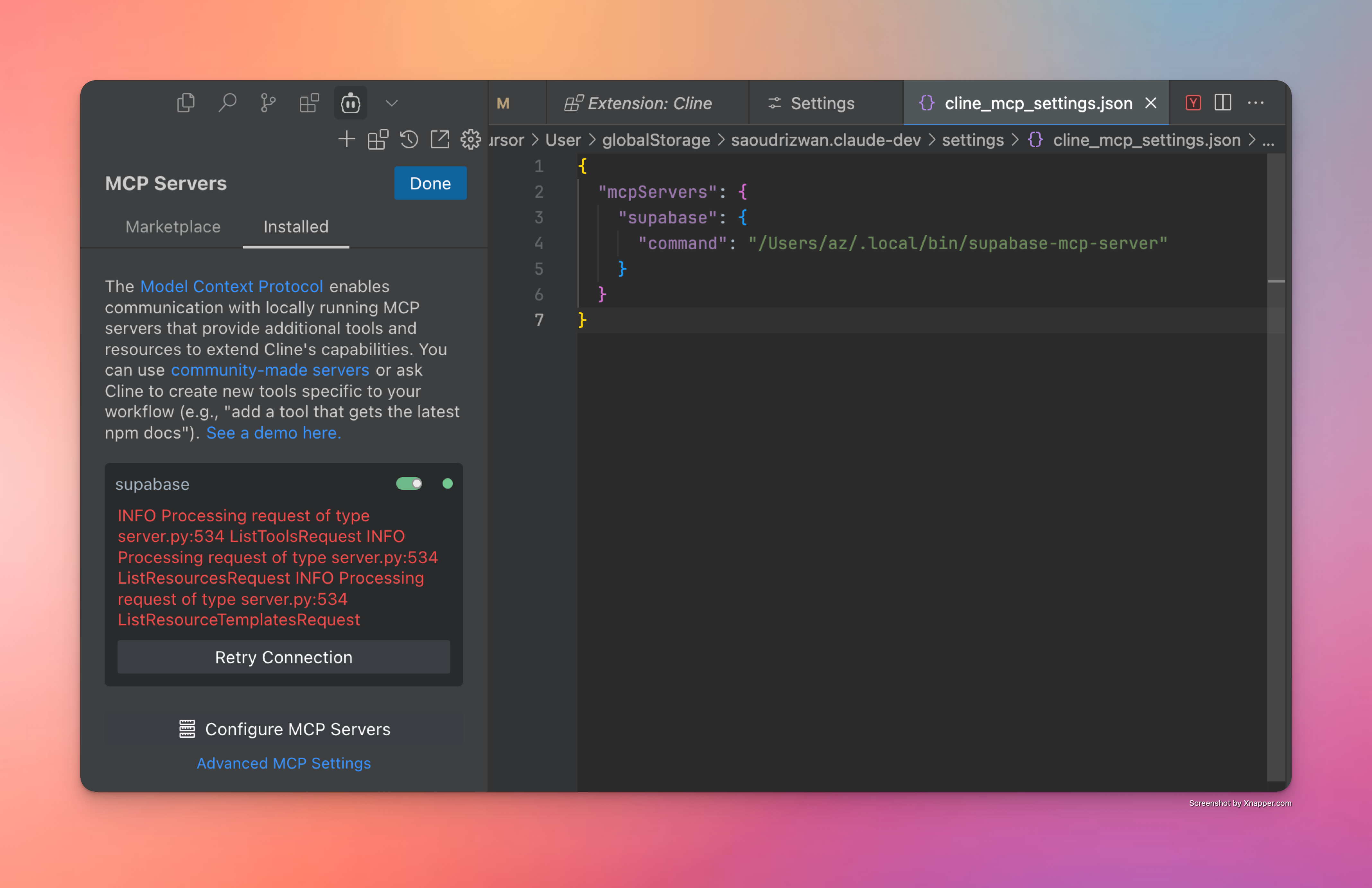 Cómo se ve una configuración exitosa en Cline