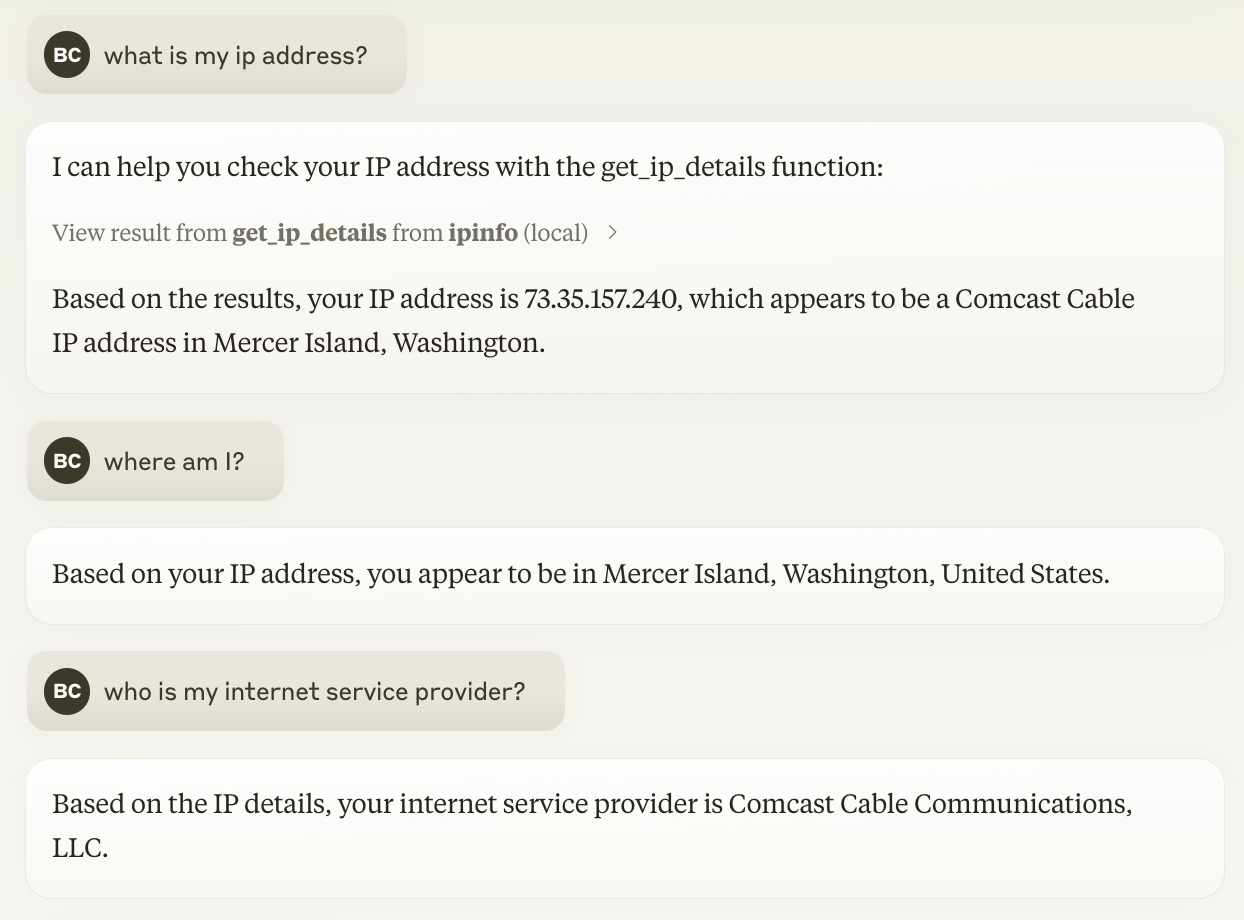 Ejemplo de conversación usando mcp-server-ipinfo