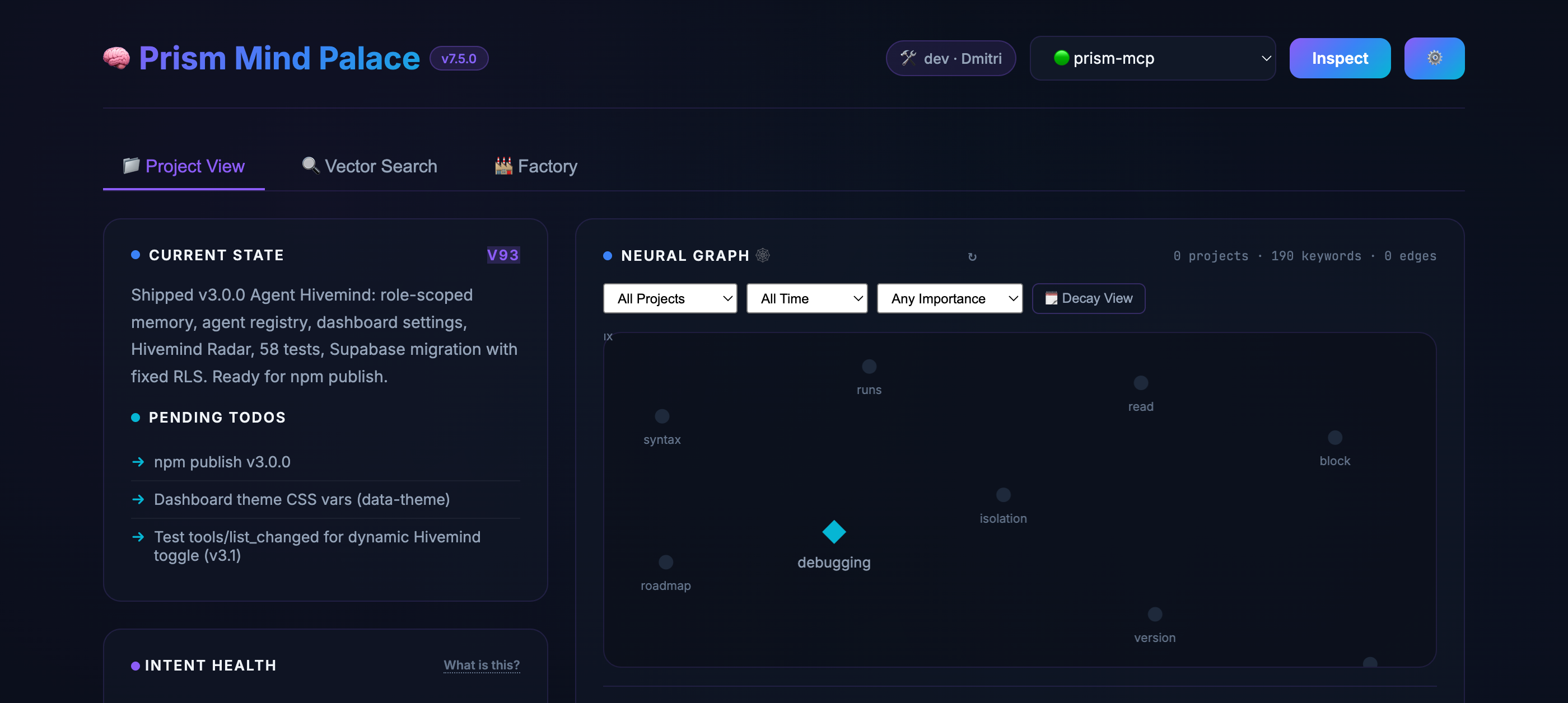 Prism Mind Palace Dashboard