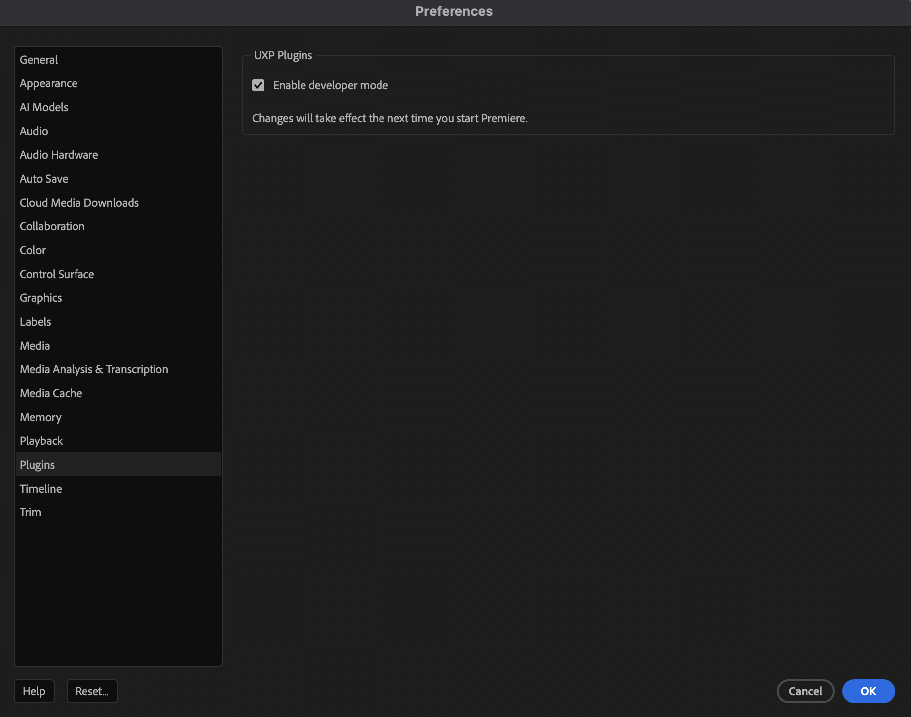 Enable UXP developer mode in Premiere Pro