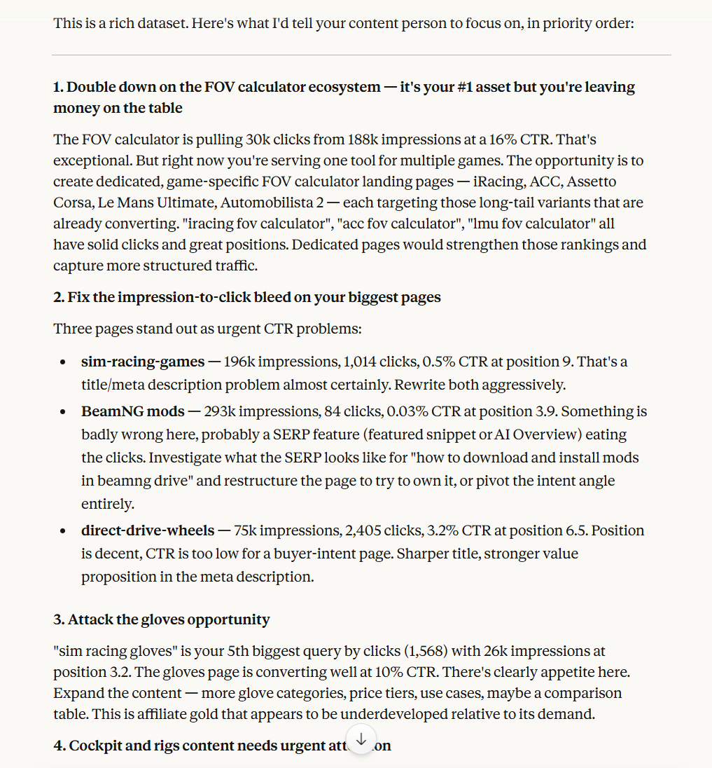 Claude providing detailed SEO recommendations: doubling down on FOV calculator ecosystem, fixing CTR problems on high-impression pages, and identifying affiliate opportunities