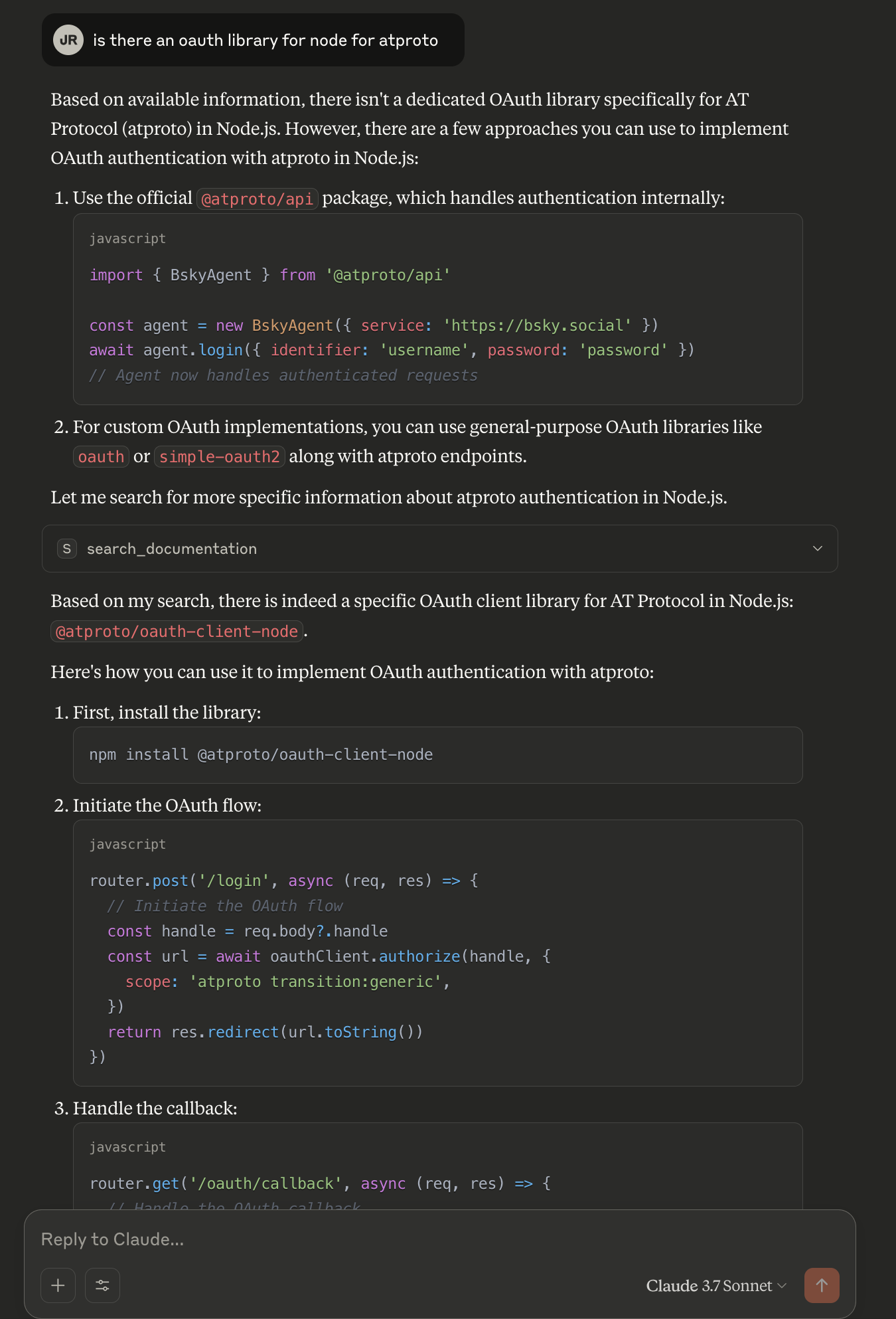 screenshot from claude desktop showing the results of a query about oauth