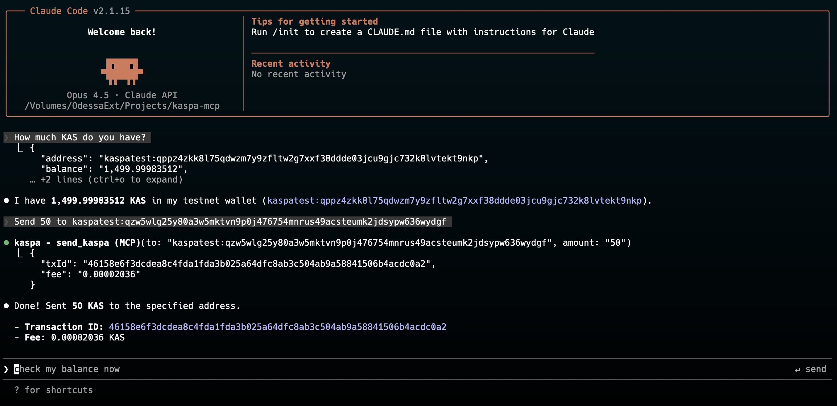 Demo of kaspa-mcp in Claude Code