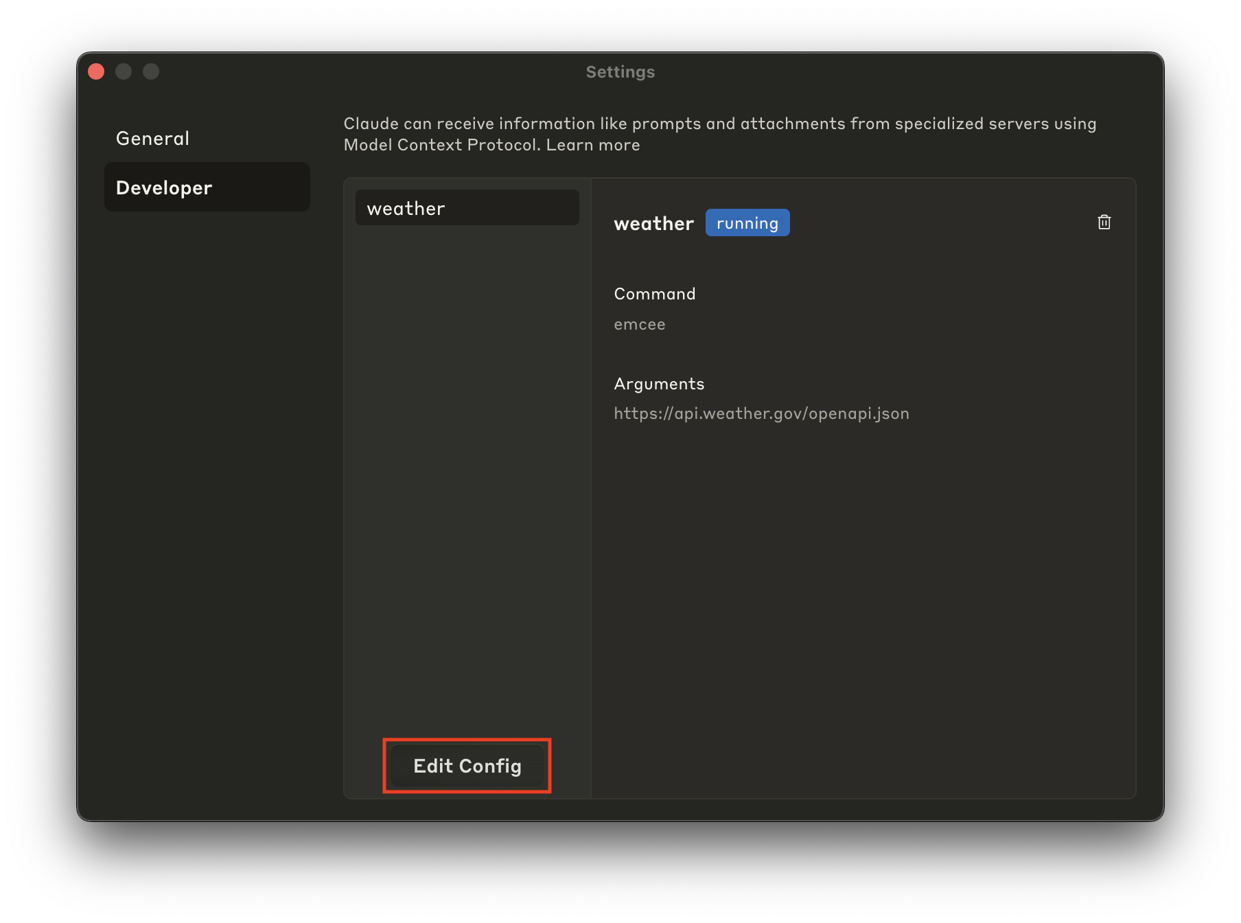 Claude Desktop settings Edit Config button