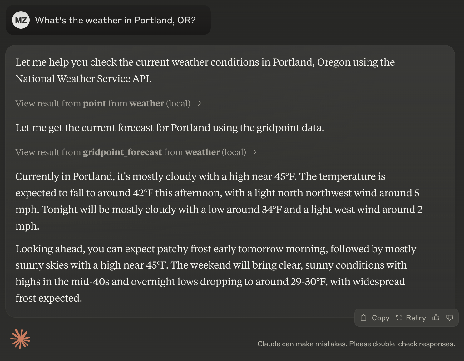Claude response with MCP tool use