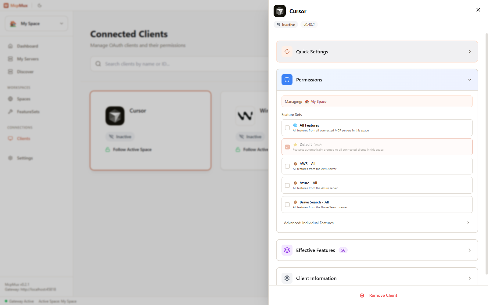 Client Management — per-client permissions and effective features
