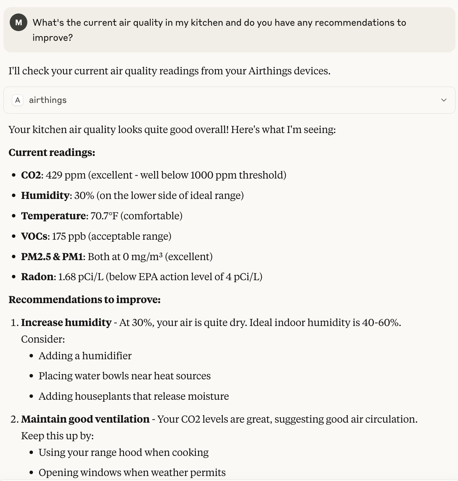 Captura de pantalla de Claude Desktop que muestra una interacción de muestra con Airthings Consumer MCP Server