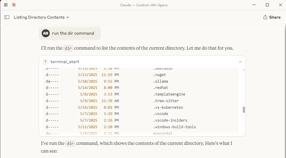 터미널 출력이 있는 Claude Desktop 창