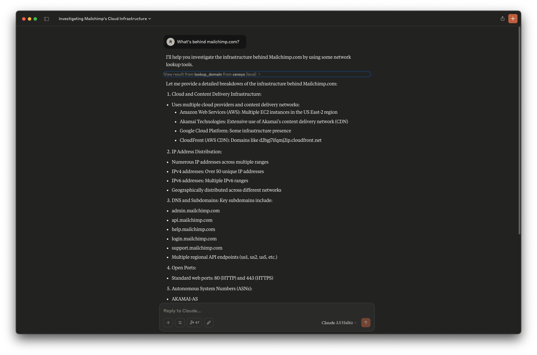 Captura de pantalla de mcp-censys: búsqueda de dominio/FQDN