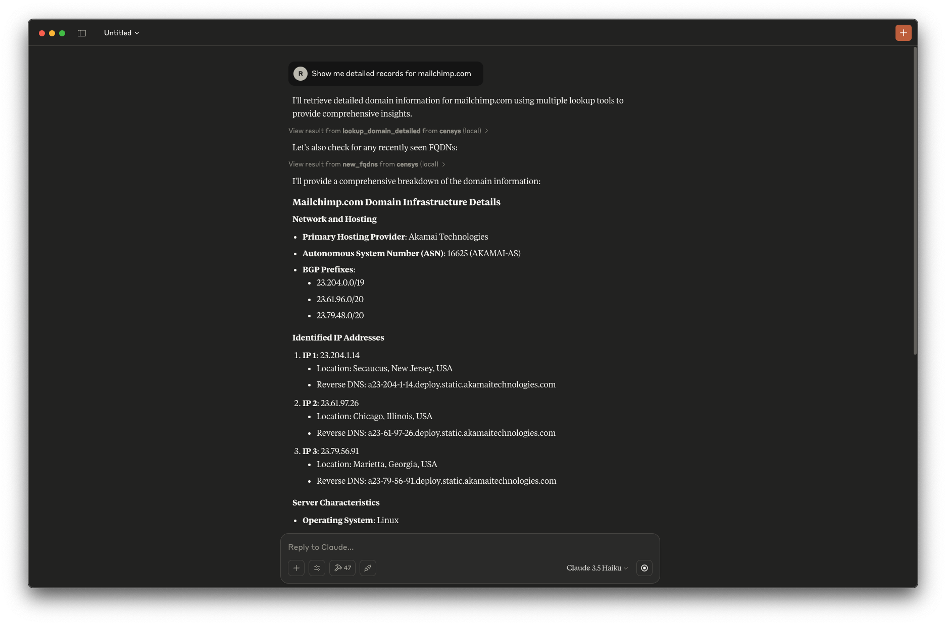 Captura de pantalla de mcp-censys: búsqueda detallada de dominios