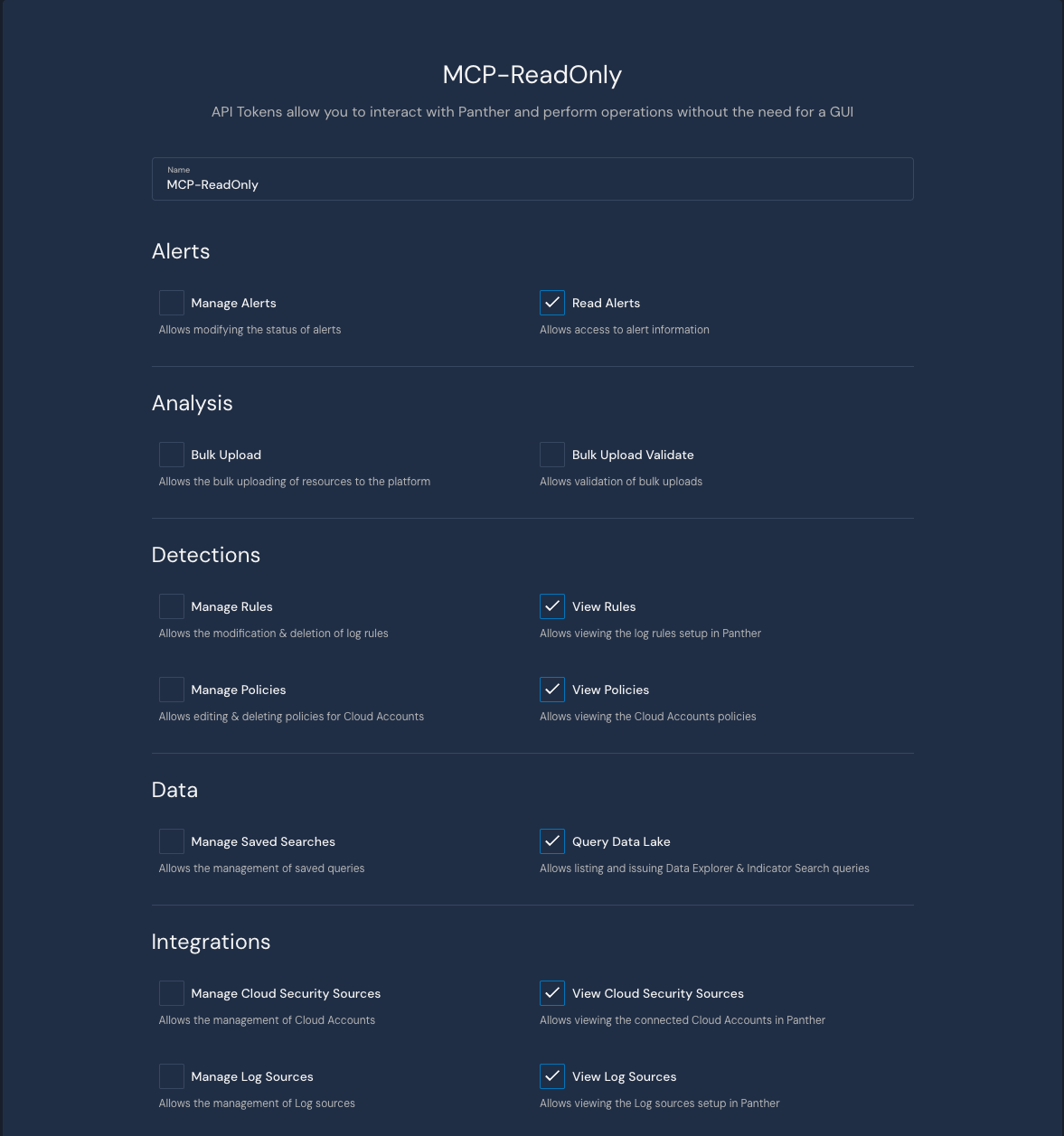 Screenshot of Panther Token permissions