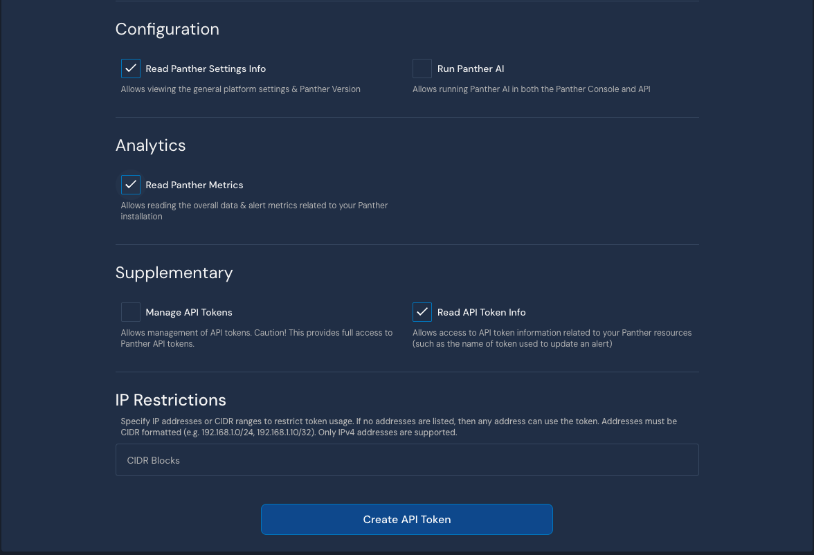 Screenshot of Panther Token permissions