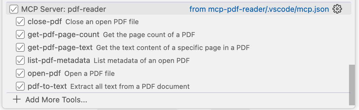 PDF Reader MCP Tools in VS Code Copilot