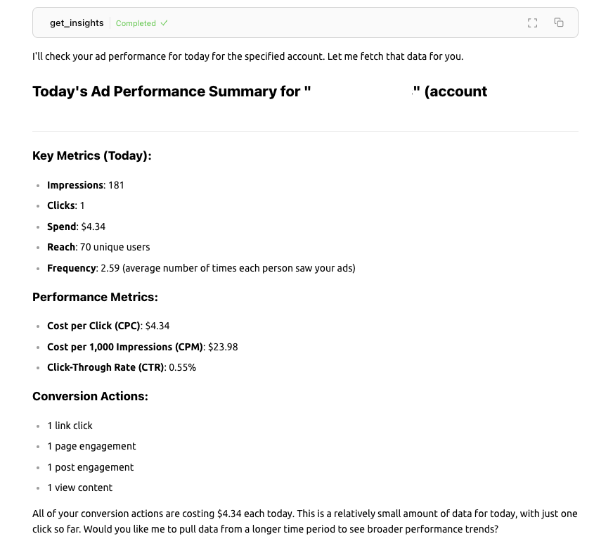 Meta Ads MCP en acción: visualice las métricas de rendimiento de los anuncios y los detalles creativos directamente en Claude o en su cliente MCP favorito, con información valiosa sobre el alcance, la participación y los costos de la campaña.