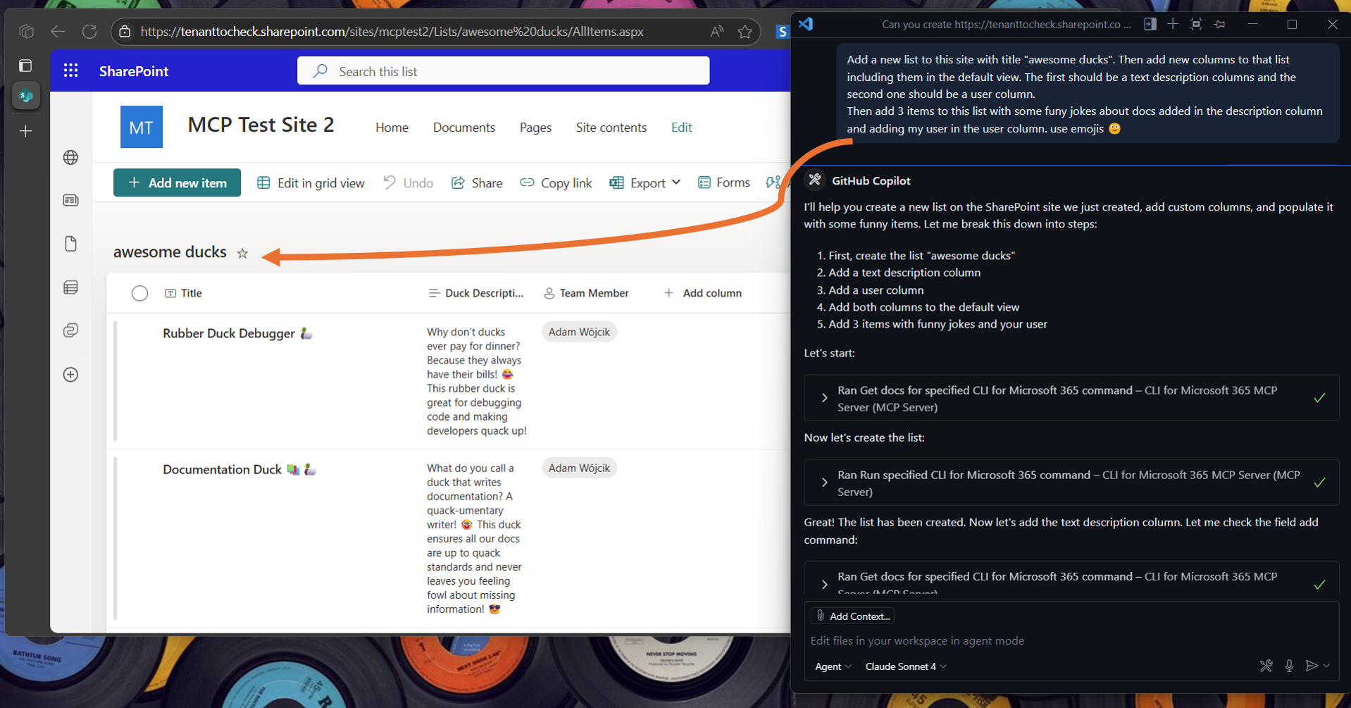 Screenshot of Visual Studio Code with GitHub Copilot chat with a prompt to create a new SharePoint list and a web browser presenting the newly created SharePoint list with newly created columns and items