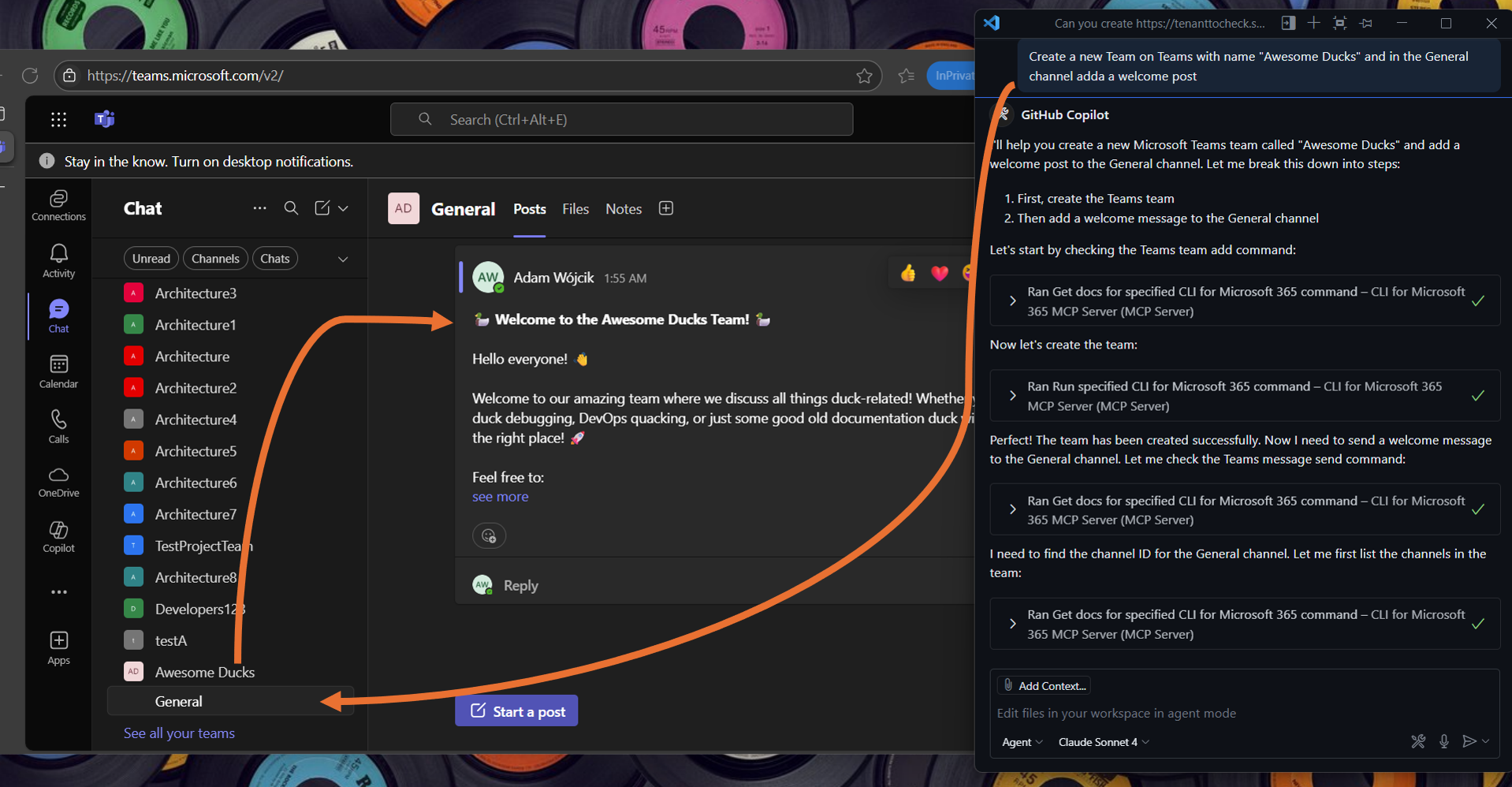 Screenshot of Visual Studio Code with GitHub Copilot chat with a prompt to create a new Teams team and add a welcome post to the general channel and a web browser presenting the newly created Teams team with the welcome post