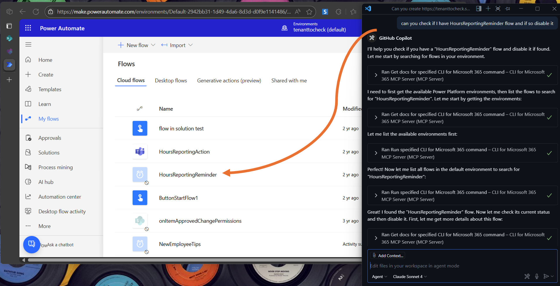 Screenshot of Visual Studio Code with GitHub Copilot chat with a prompt to disable a PowerAutomate Flow and a web browser presenting the list of flows with one being disabled from the prompt
