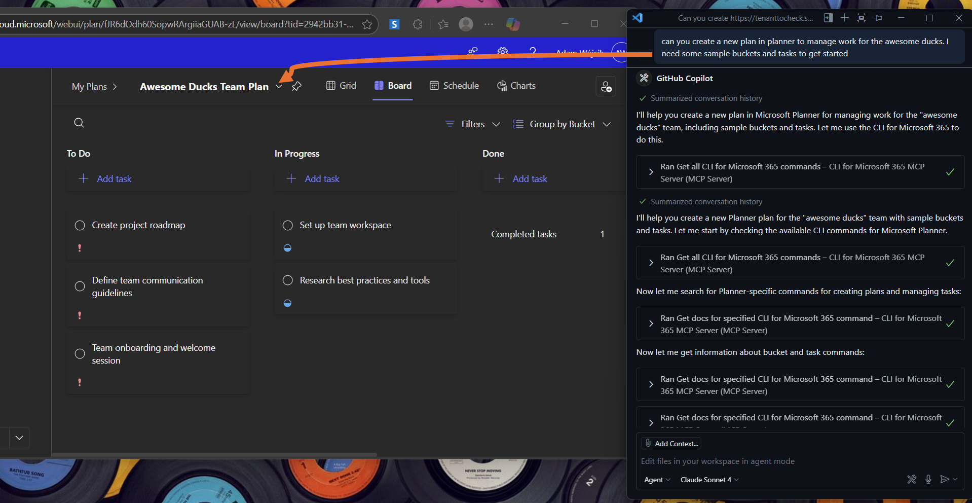 Screenshot of Visual Studio Code with GitHub Copilot chat with a prompt to create a new Planner plan and a web browser presenting the newly created plan with sample buckets and tasks
