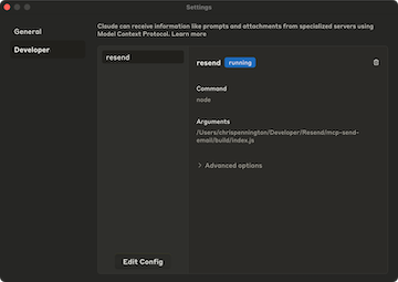 Claude Desktop developer settings with Resend MCP server showing