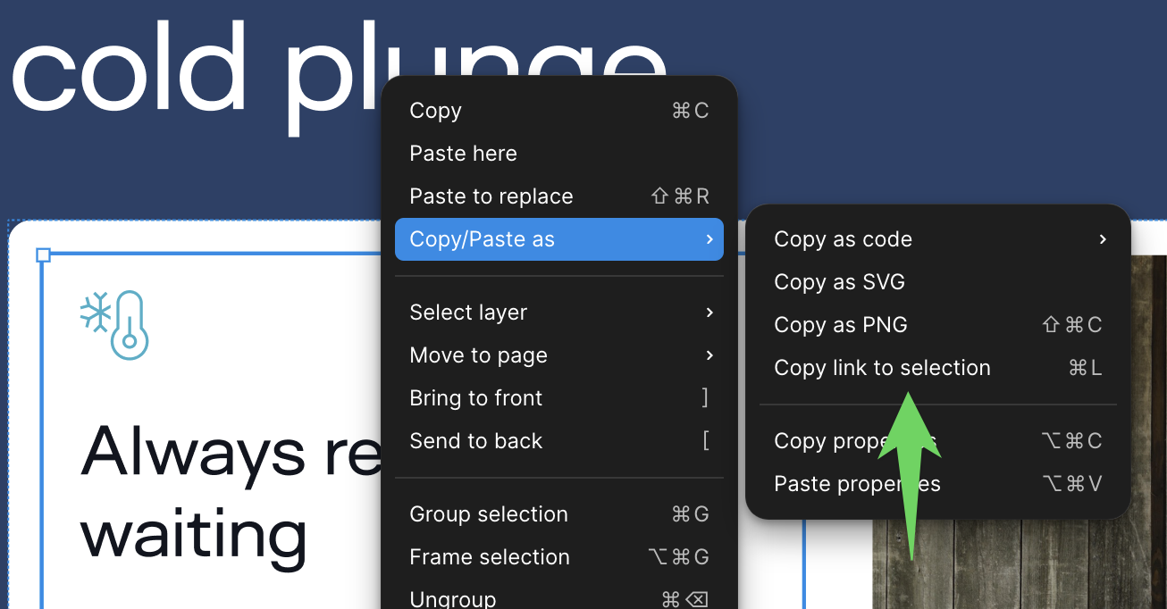 Copiar el enlace a la selección de Figma haciendo clic derecho