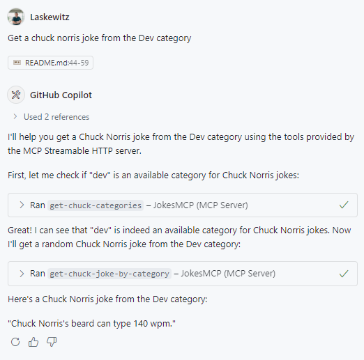 Captura de pantalla de la pregunta para proporcionar un chiste de la categoría de desarrollo y la respuesta de GitHub Copilot