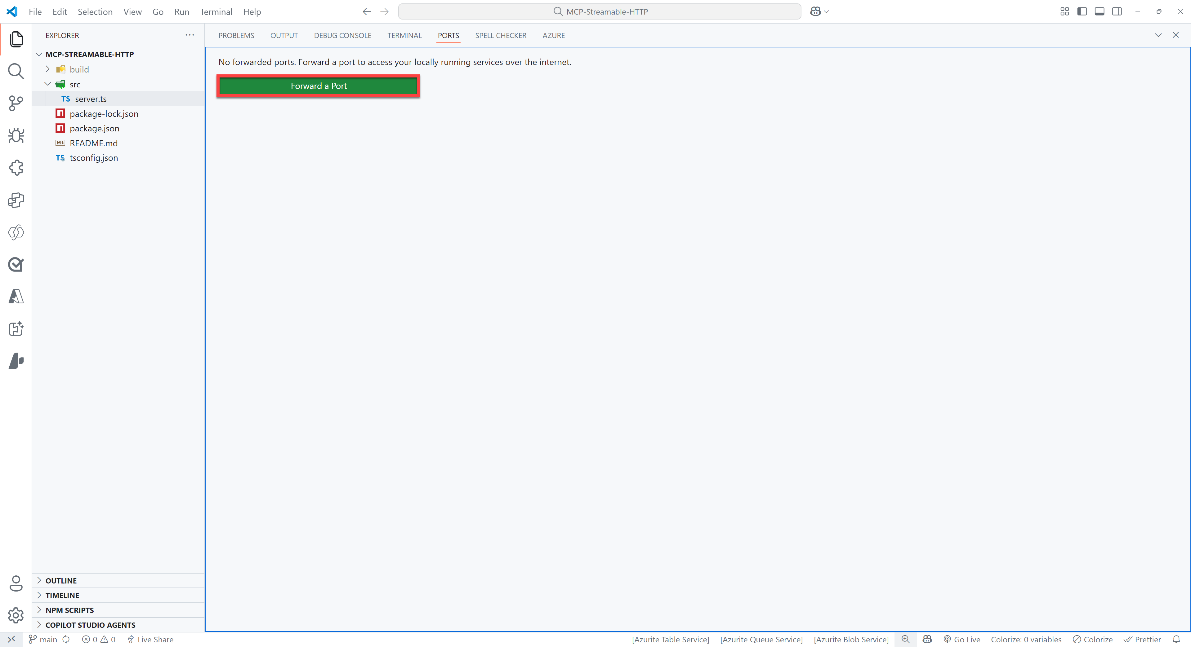 Imagen de VS Code donde la pestaña PUERTOS está abierta y el botón verde Reenviar un puerto está resaltado