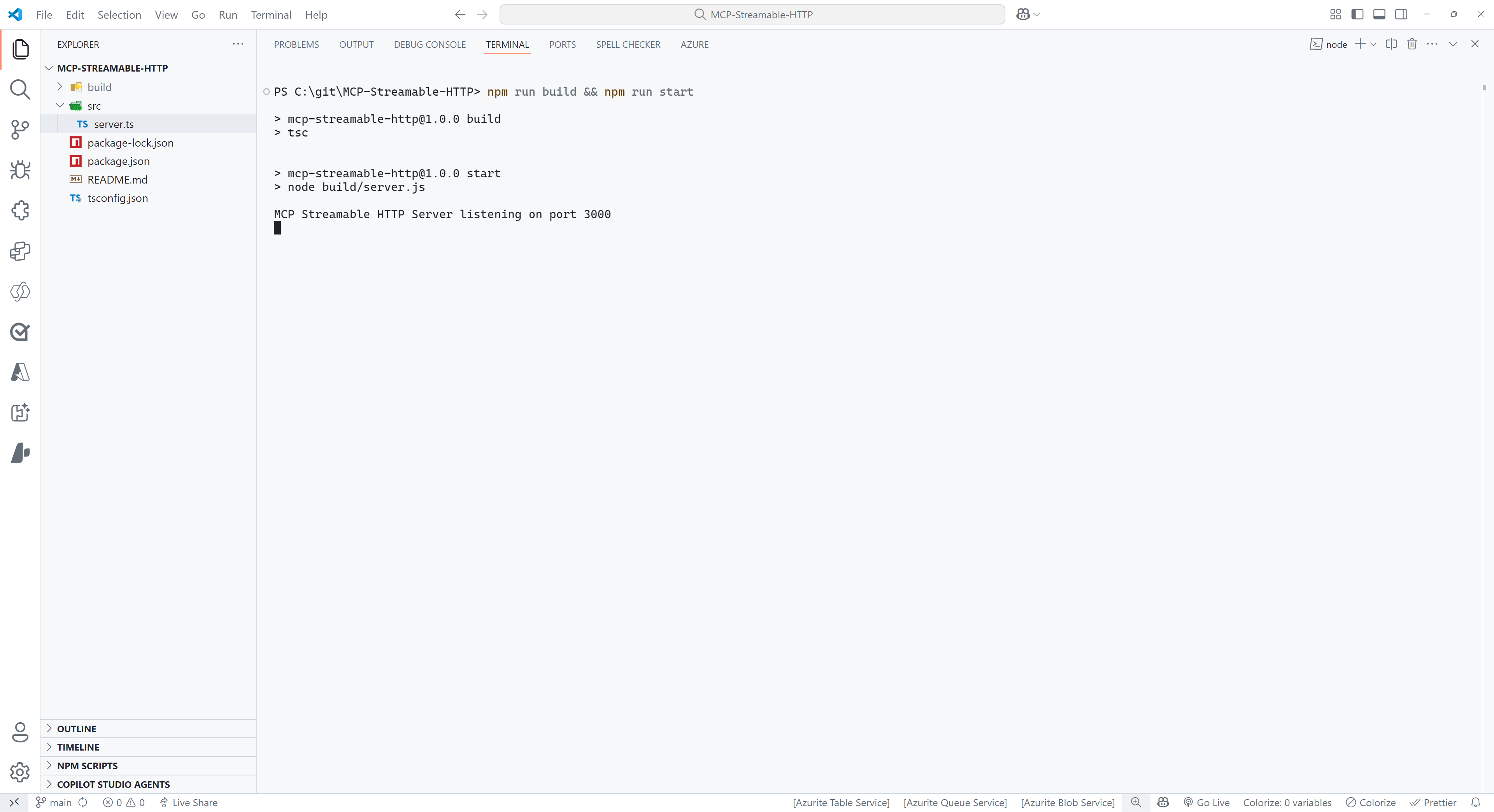 Vista del terminal después de construir e iniciar el servidor