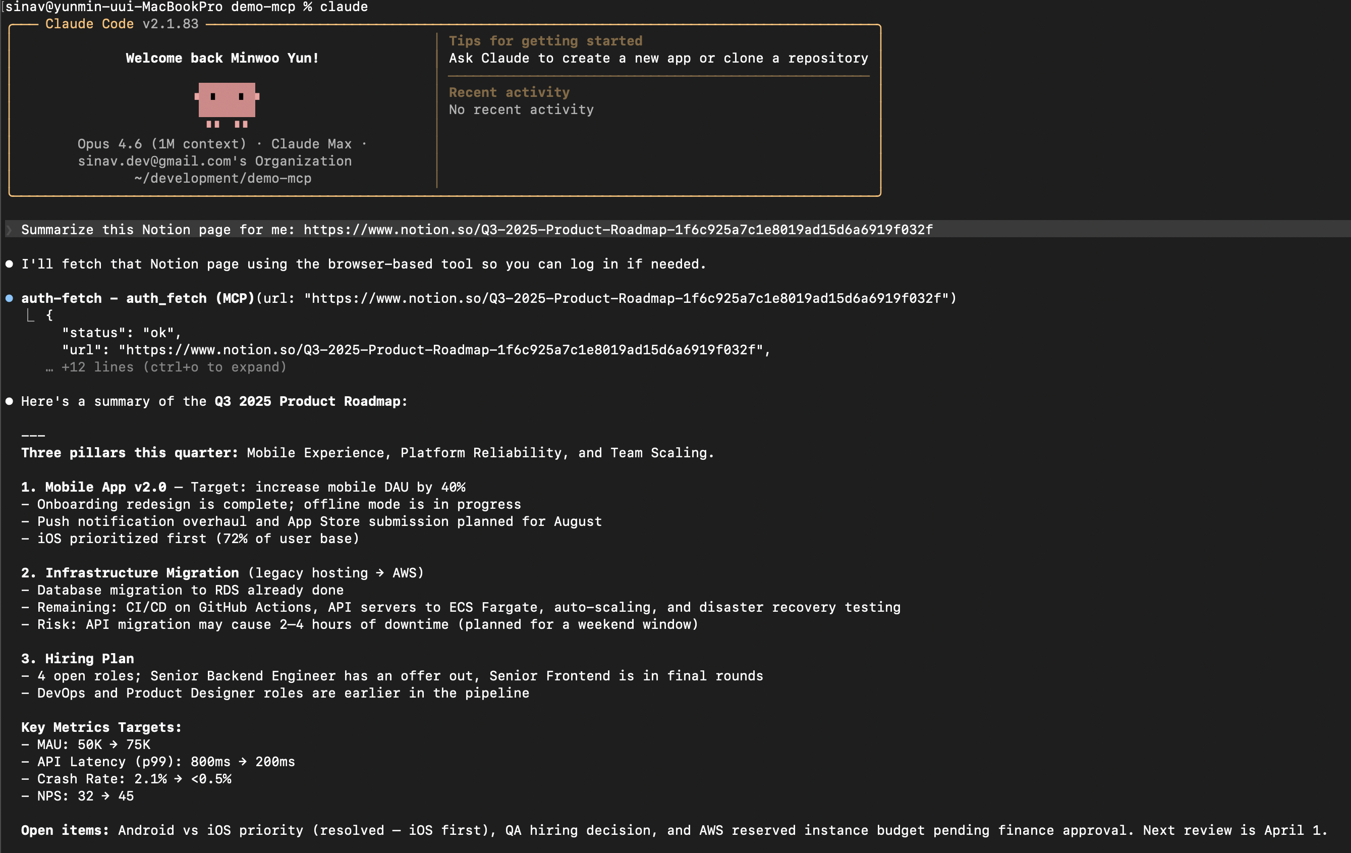 Claude Code summarizing a Notion page